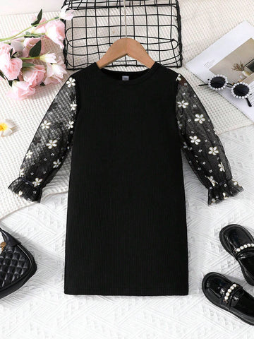 Young Girls Minimalist Fashion Spring & Autumn New Floral Mesh Long Sleeve Solid Rib Round Neck Dress