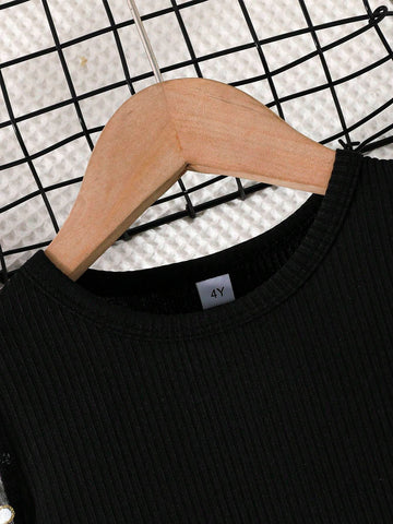 Young Girls Minimalist Fashion Spring & Autumn New Floral Mesh Long Sleeve Solid Rib Round Neck Dress