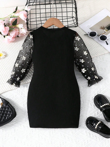 Young Girls Minimalist Fashion Spring & Autumn New Floral Mesh Long Sleeve Solid Rib Round Neck Dress