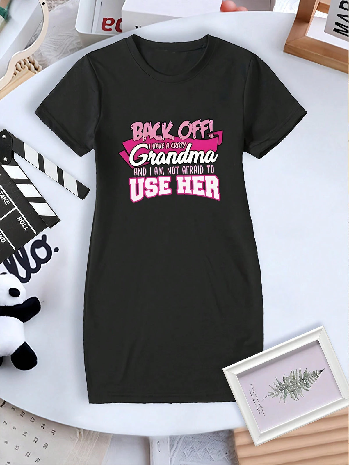 Young Girls' Minimalist Pink Slogan Printed Short Sleeve Dress With Street Fashion Style For Spring/Summer