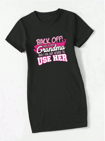 Young Girls' Minimalist Pink Slogan Printed Short Sleeve Dress With Street Fashion Style For Spring/Summer
