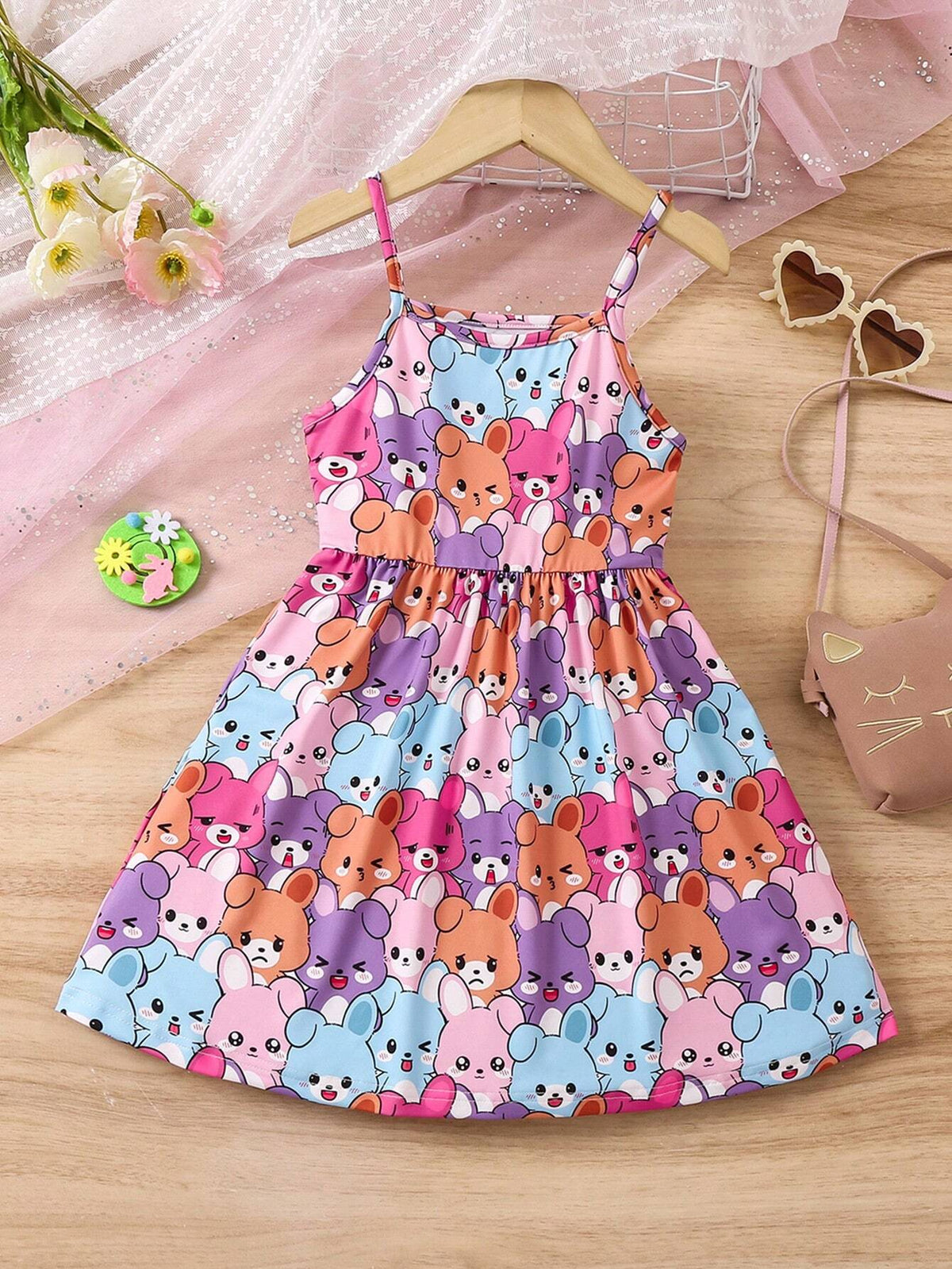 Young Girl's Multi-Colored Cute Rabbit Design Cami Dress