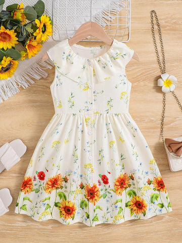 Young Girl's Multicolor Floral Print Ruffle Hem Sleeveless Dress