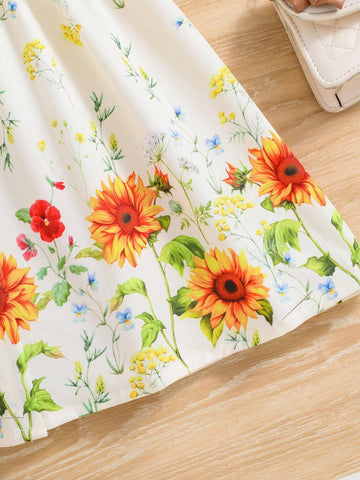 Young Girl's Multicolor Floral Print Ruffle Hem Sleeveless Dress