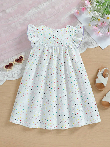 Young Girl's New Arrival Colorful Polka Dot Print Tulip Embroidery Ruffle Trim Cute A-Line Dress For Sweet Summer