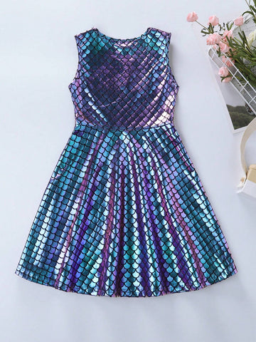 Young Girls' New Arrival Mermaid Scale Fabric A-Line Sleeveless Party Dress For Summer