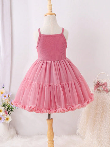 Young Girls New Arrival Sleeveless Mesh Tutu Dress With Spaghetti Straps, Children's Princess Party Gown