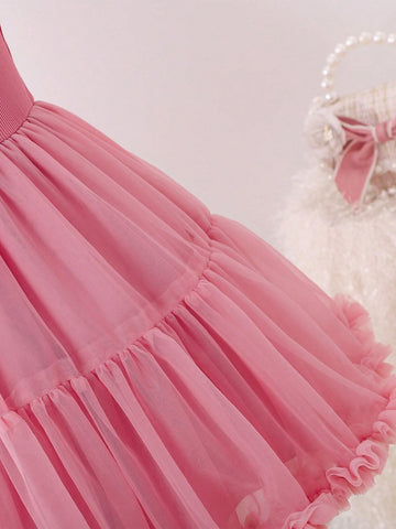Young Girls New Arrival Sleeveless Mesh Tutu Dress With Spaghetti Straps, Children's Princess Party Gown