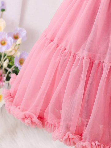 Young Girls New Arrival Sleeveless Mesh Tutu Dress With Spaghetti Straps, Children's Princess Party Gown