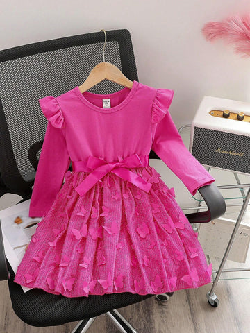 Young Girls New Style Fashionable Knitted Round Neck Cap Sleeve Mesh Tutu Princess Dress, Spring Autumn