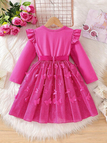 Young Girls New Style Fashionable Knitted Round Neck Cap Sleeve Mesh Tutu Princess Dress, Spring Autumn