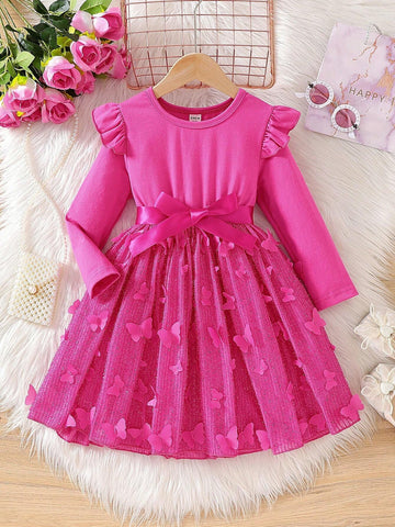 Young Girls New Style Fashionable Knitted Round Neck Cap Sleeve Mesh Tutu Princess Dress, Spring Autumn