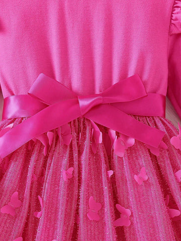 Young Girls New Style Fashionable Knitted Round Neck Cap Sleeve Mesh Tutu Princess Dress, Spring Autumn