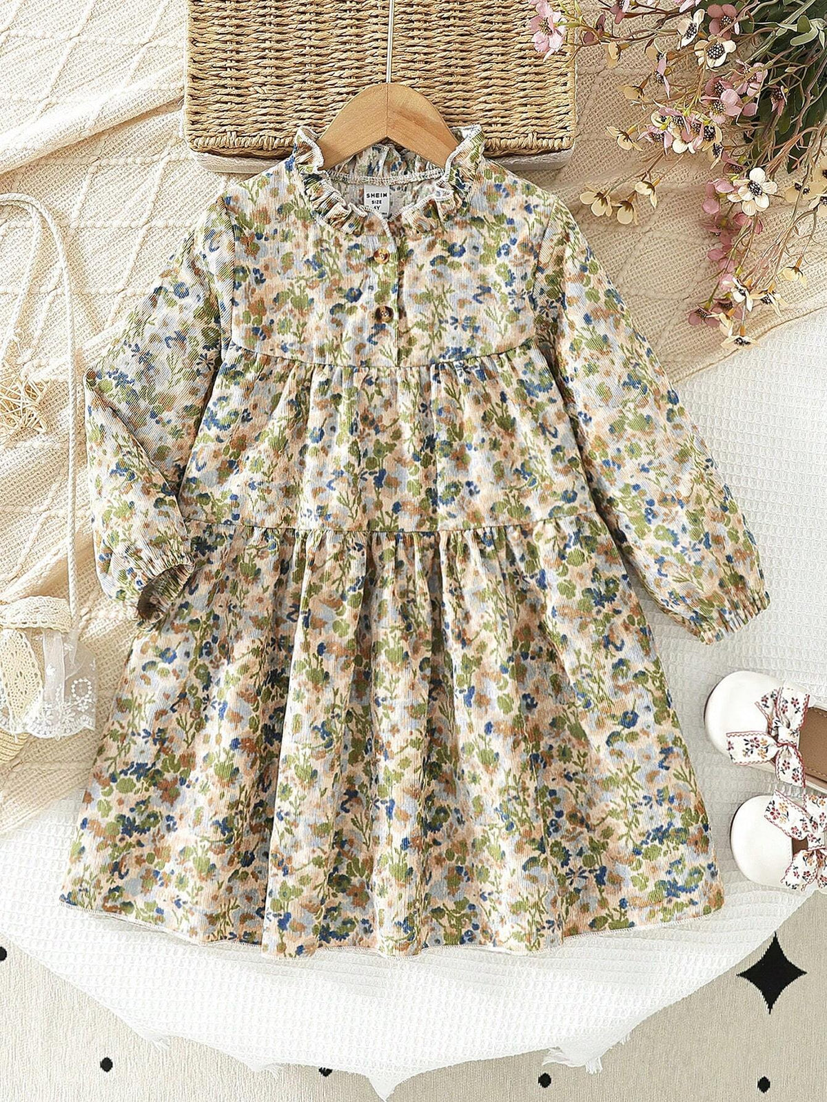 Young Girls New Style Vintage Ruched Print Ruffle Trim Round Neck Long Sleeve Loose Casual Mid-Length A-Line Button Down Dress, Spring & Autumn