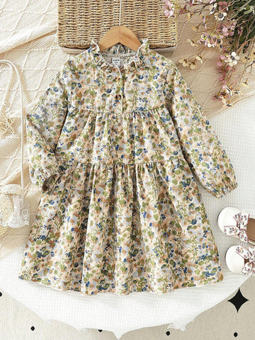 Young Girls New Style Vintage Ruched Print Ruffle Trim Round Neck Long Sleeve Loose Casual Mid-Length A-Line Button Down Dress, Spring & Autumn