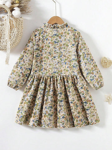 Young Girls New Style Vintage Ruched Print Ruffle Trim Round Neck Long Sleeve Loose Casual Mid-Length A-Line Button Down Dress, Spring & Autumn