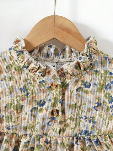 Young Girls New Style Vintage Ruched Print Ruffle Trim Round Neck Long Sleeve Loose Casual Mid-Length A-Line Button Down Dress, Spring & Autumn