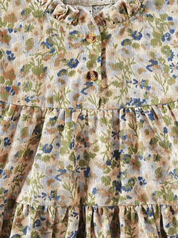 Young Girls New Style Vintage Ruched Print Ruffle Trim Round Neck Long Sleeve Loose Casual Mid-Length A-Line Button Down Dress, Spring & Autumn