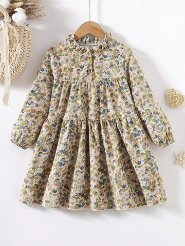 Young Girls New Style Vintage Ruched Print Ruffle Trim Round Neck Long Sleeve Loose Casual Mid-Length A-Line Button Down Dress, Spring & Autumn