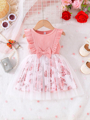 Young Girls' New Summer Bowknot Plaid Mesh Flower Print Puffy Princess Dress