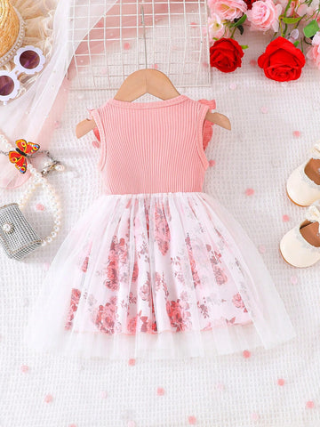 Young Girls' New Summer Bowknot Plaid Mesh Flower Print Puffy Princess Dress