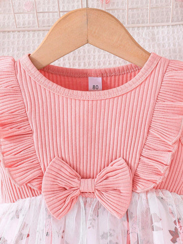 Young Girls' New Summer Bowknot Plaid Mesh Flower Print Puffy Princess Dress