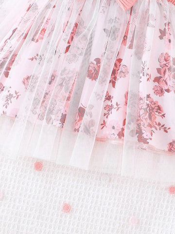 Young Girls' New Summer Bowknot Plaid Mesh Flower Print Puffy Princess Dress