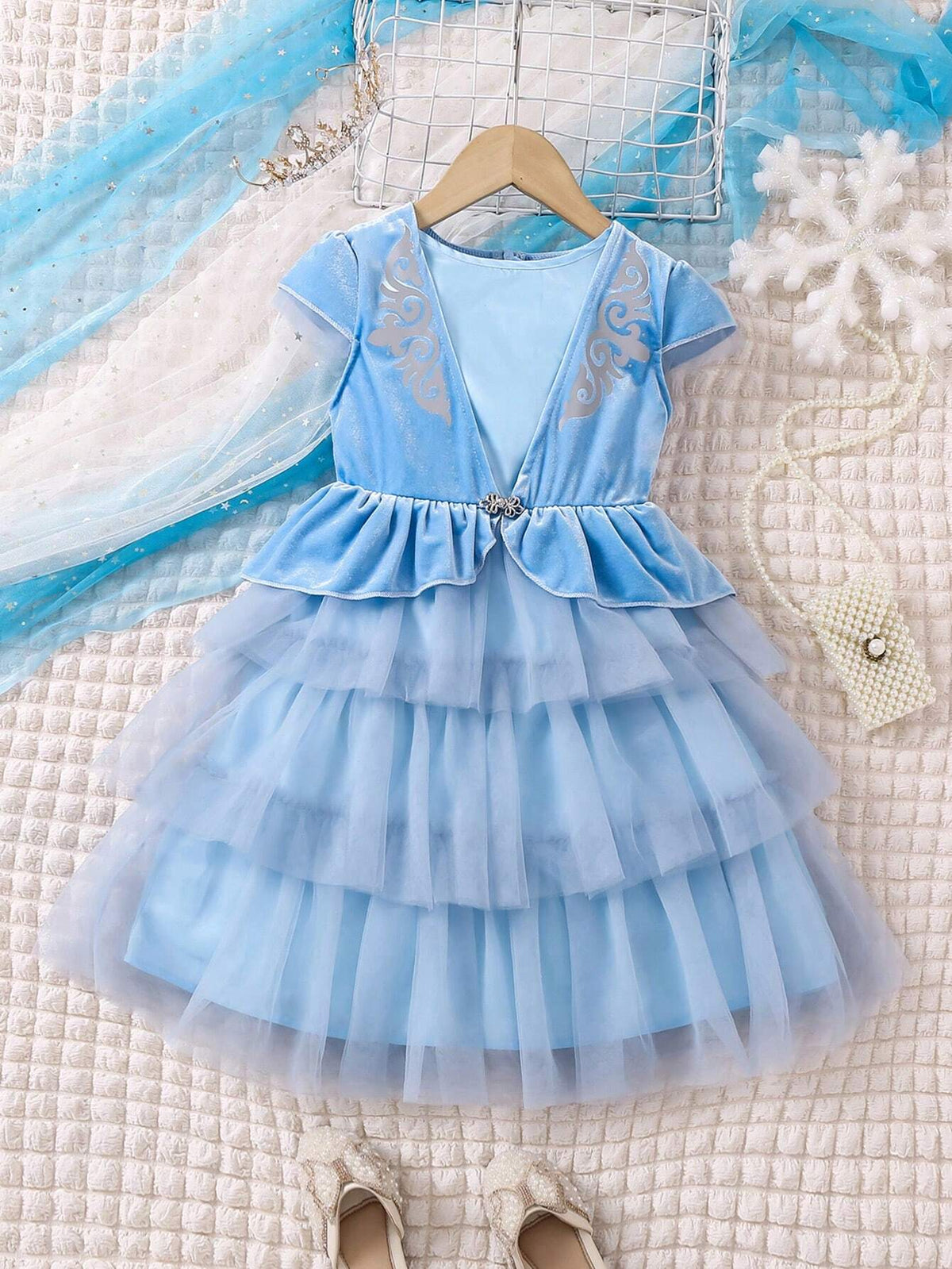 Young Girl's New Summer Fashionable Cute Mesh & Velvet Patchwork Princess Dress