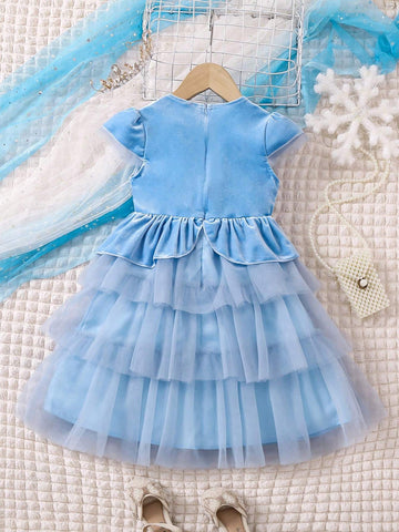 Young Girl's New Summer Fashionable Cute Mesh & Velvet Patchwork Princess Dress