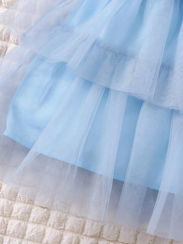 Young Girl's New Summer Fashionable Cute Mesh & Velvet Patchwork Princess Dress