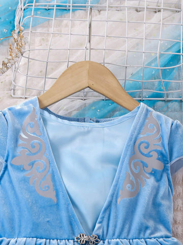 Young Girl's New Summer Fashionable Cute Mesh & Velvet Patchwork Princess Dress