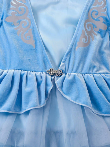 Young Girl's New Summer Fashionable Cute Mesh & Velvet Patchwork Princess Dress