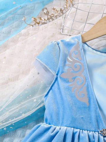 Young Girl's New Summer Fashionable Cute Mesh & Velvet Patchwork Princess Dress