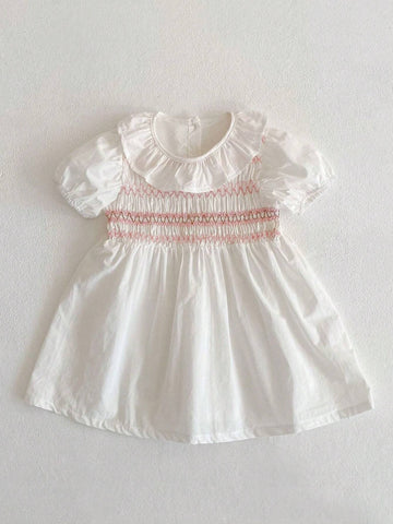 Young Girls' New Summer Ruffle Neck Short Sleeve A-Line Dress With Ruffle Hem