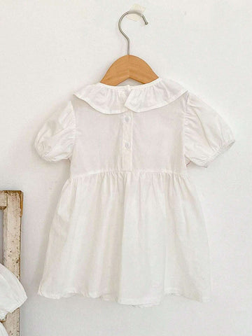 Young Girls' New Summer Ruffle Neck Short Sleeve A-Line Dress With Ruffle Hem
