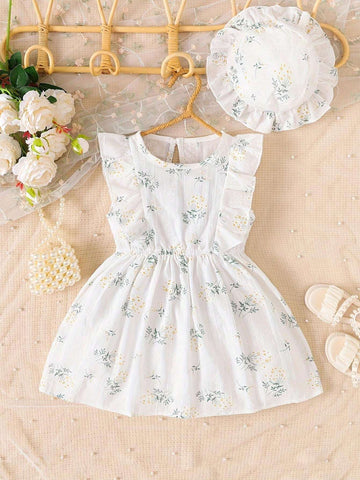 Young Girl's New Summer Style Boho Print Dress With Ruffle Hem And Round Collar