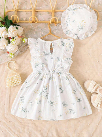 Young Girl's New Summer Style Boho Print Dress With Ruffle Hem And Round Collar
