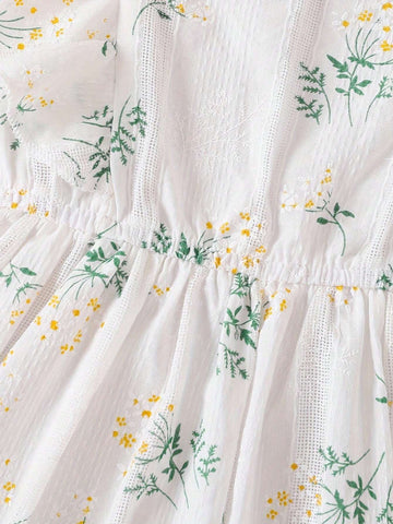 Young Girl's New Summer Style Boho Print Dress With Ruffle Hem And Round Collar