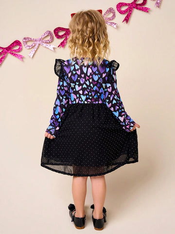 Young Girls Occasion Dress, Girls Casual Purple Round Neck Heart Print Cap Sleeve Rhinestones Mesh Contrast Dress, For Holiday Wear, Autumn/Winter
