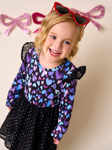 Young Girls Occasion Dress, Girls Casual Purple Round Neck Heart Print Cap Sleeve Rhinestones Mesh Contrast Dress, For Holiday Wear, Autumn/Winter