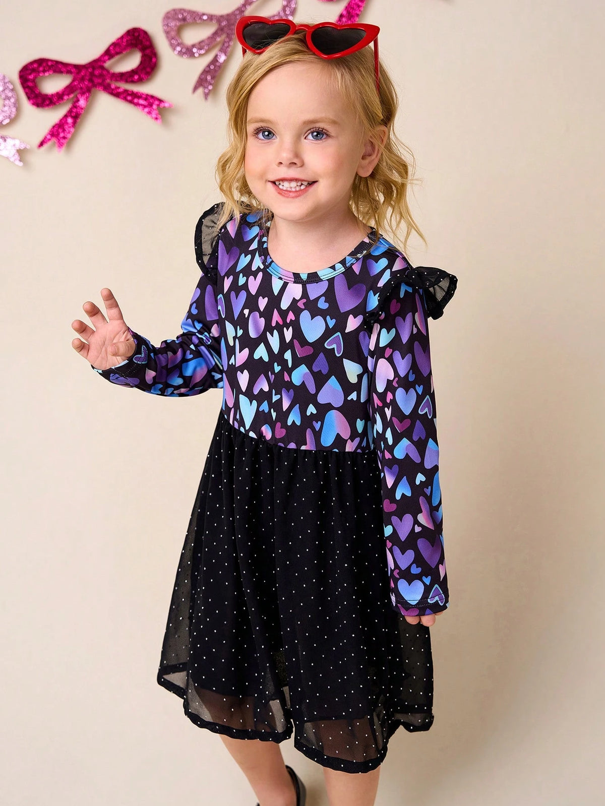 Young Girls Occasion Dress, Girls Casual Purple Round Neck Heart Print Cap Sleeve Rhinestones Mesh Contrast Dress, For Holiday Wear, Autumn/Winter