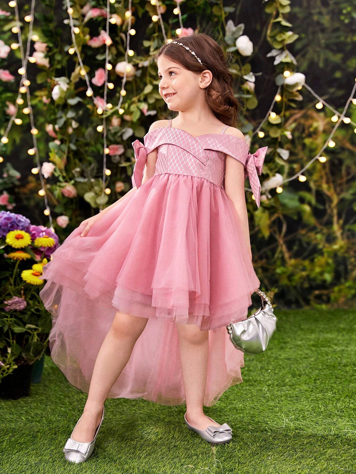 Young Girls' Off Shoulder Bow Decorated Short Sleeve Irregular Mesh Skirt Hem Slip Dress