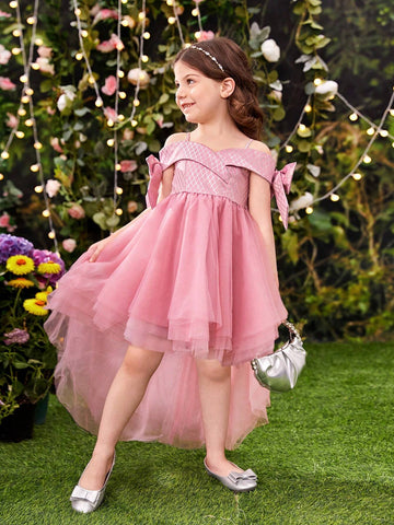Young Girls' Off Shoulder Bow Decorated Short Sleeve Irregular Mesh Skirt Hem Slip Dress