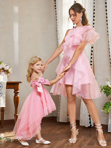 Young Girls' Off Shoulder Bow Decorated Short Sleeve Irregular Mesh Skirt Hem Slip Dress