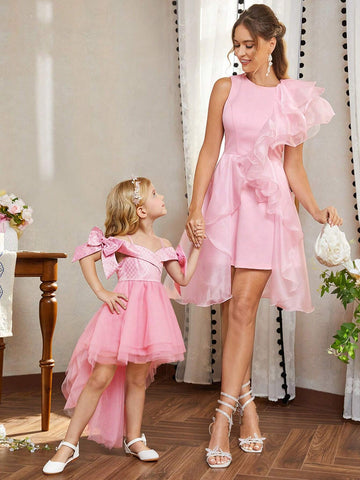 Young Girls' Off Shoulder Bow Decorated Short Sleeve Irregular Mesh Skirt Hem Slip Dress