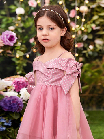 Young Girls' Off Shoulder Bow Decorated Short Sleeve Irregular Mesh Skirt Hem Slip Dress
