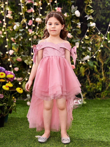 Young Girls' Off Shoulder Bow Decorated Short Sleeve Irregular Mesh Skirt Hem Slip Dress