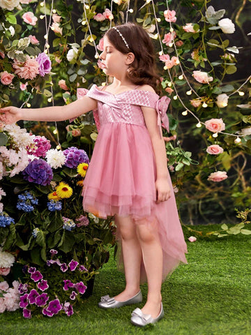 Young Girls' Off Shoulder Bow Decorated Short Sleeve Irregular Mesh Skirt Hem Slip Dress