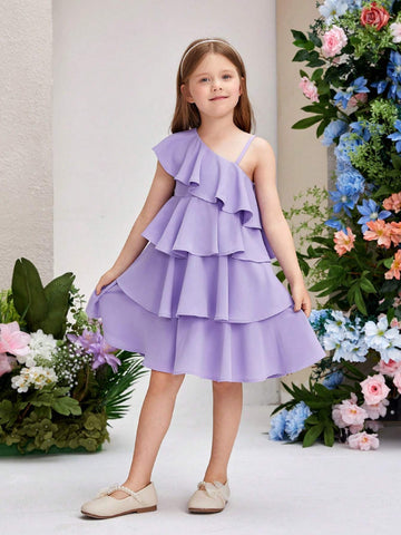 Young Girls' Off Shoulder Multilayered Cake Skirt Hem Casual Loose Woven Dress