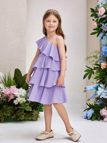 Young Girls' Off Shoulder Multilayered Cake Skirt Hem Casual Loose Woven Dress